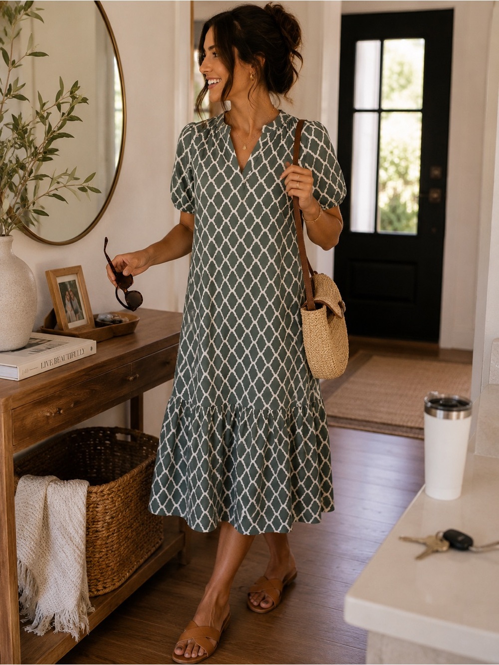 Green Lattice-Print V-Neck Maxi Dress